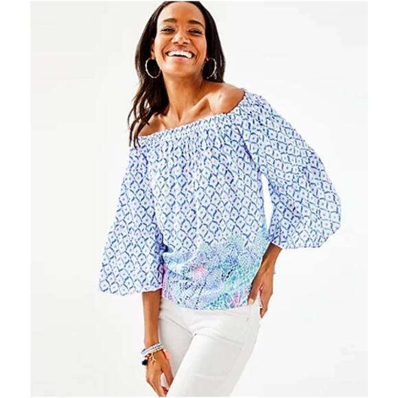 Lilly Pulitzer Nevie Off Shoulder Top Sea La Vie Blue Boho Resort Blouse Small - Picture 9 of 9